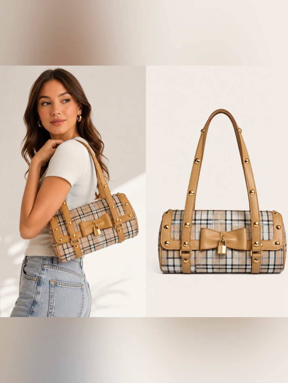 Eduardo Mourani Of Montreal Tan Plaid Barrel Shoulder Bag w/ Gold Studs